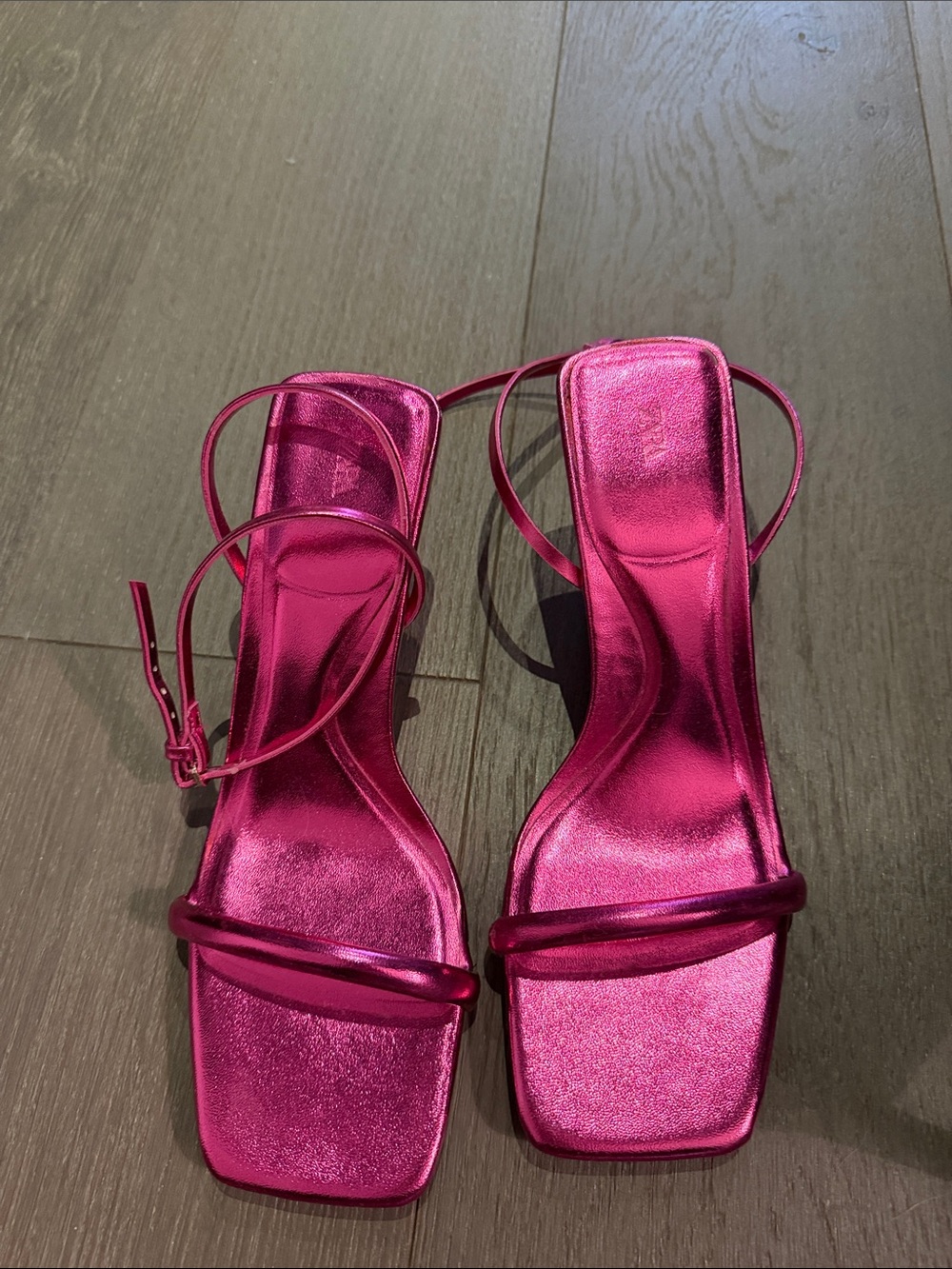 Zara Metallic Fuchsia Strappy Square-Toe Heels